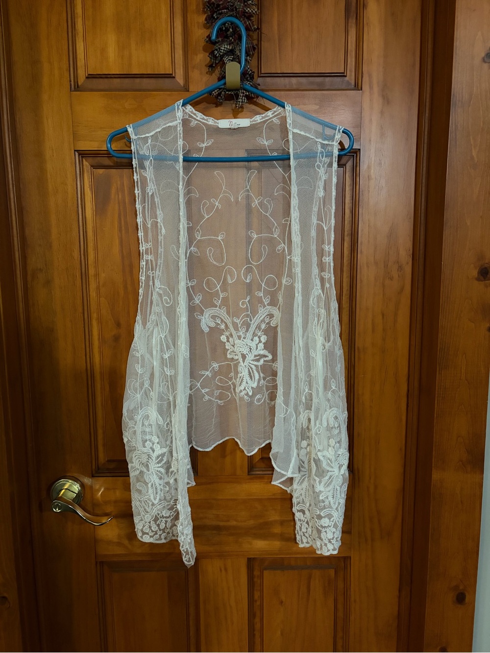 Boho Ivory Embroidered Lace Vest Open Front Sheer Mesh Cardigan Festival Size XL